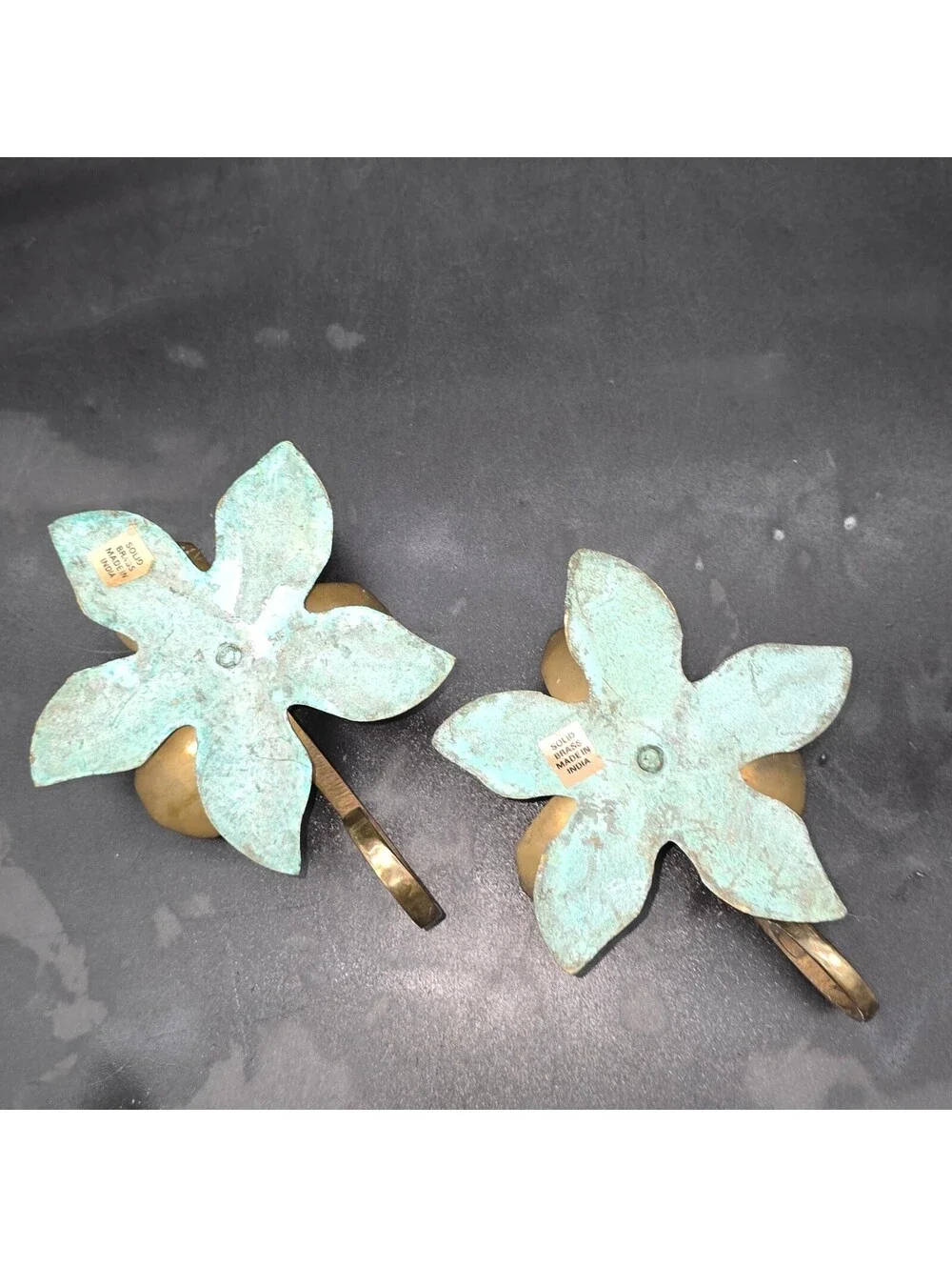 Vintage Verdigris Brass Flower Chamberstick Candle Holders Pair Made in India